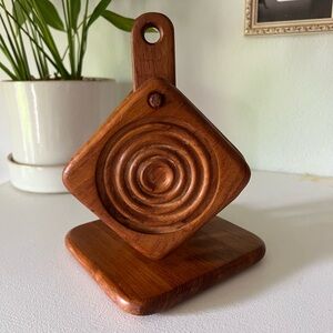 Vintage MCM teak wood coaster stand with speak pattern barware